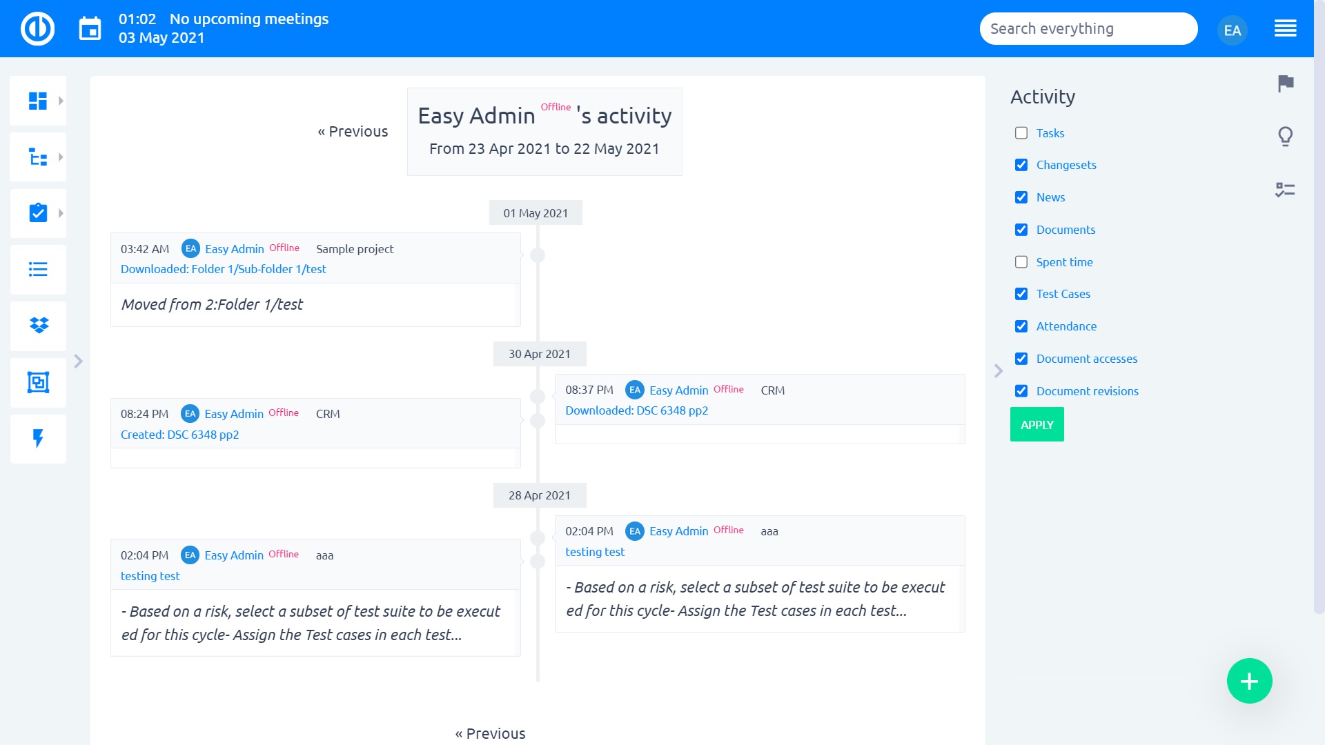 Easy Redmine 2018 - Αναφορές δραστηριοτήτων - δραστηριότητες του χρήστη