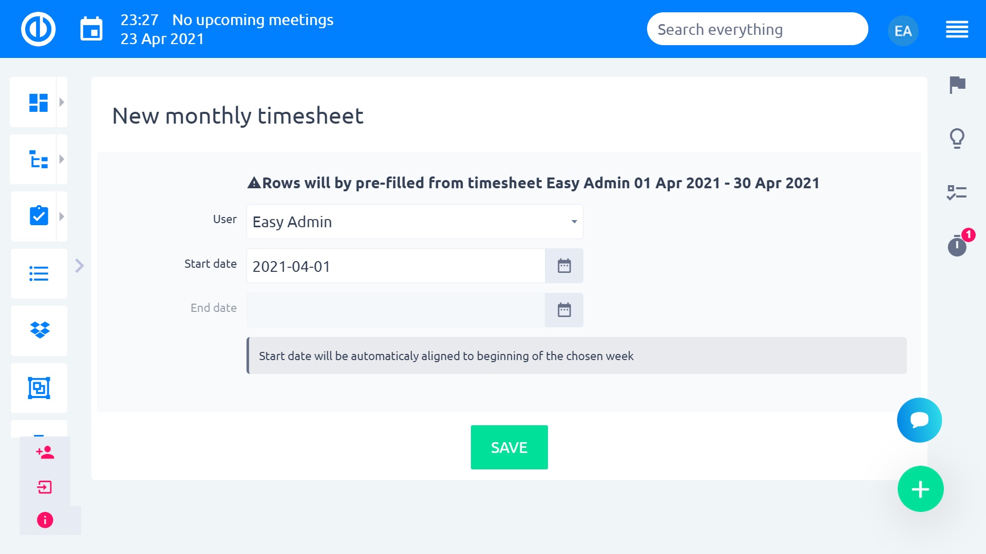 Easy Redmine 2018 - Time sheets - edit sheet