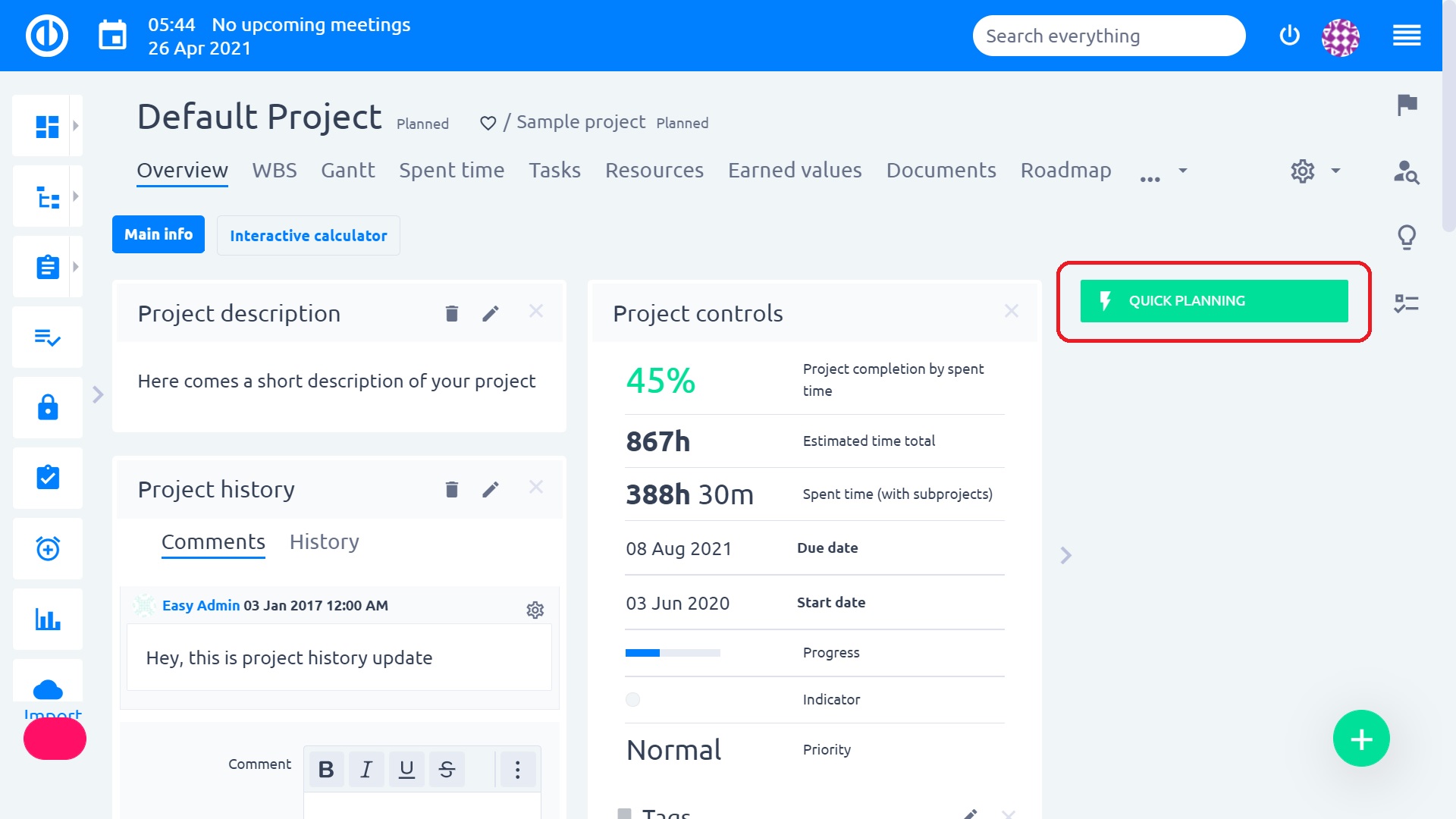 Easy Redmine 2018 - Quick project planner - Quick planning button