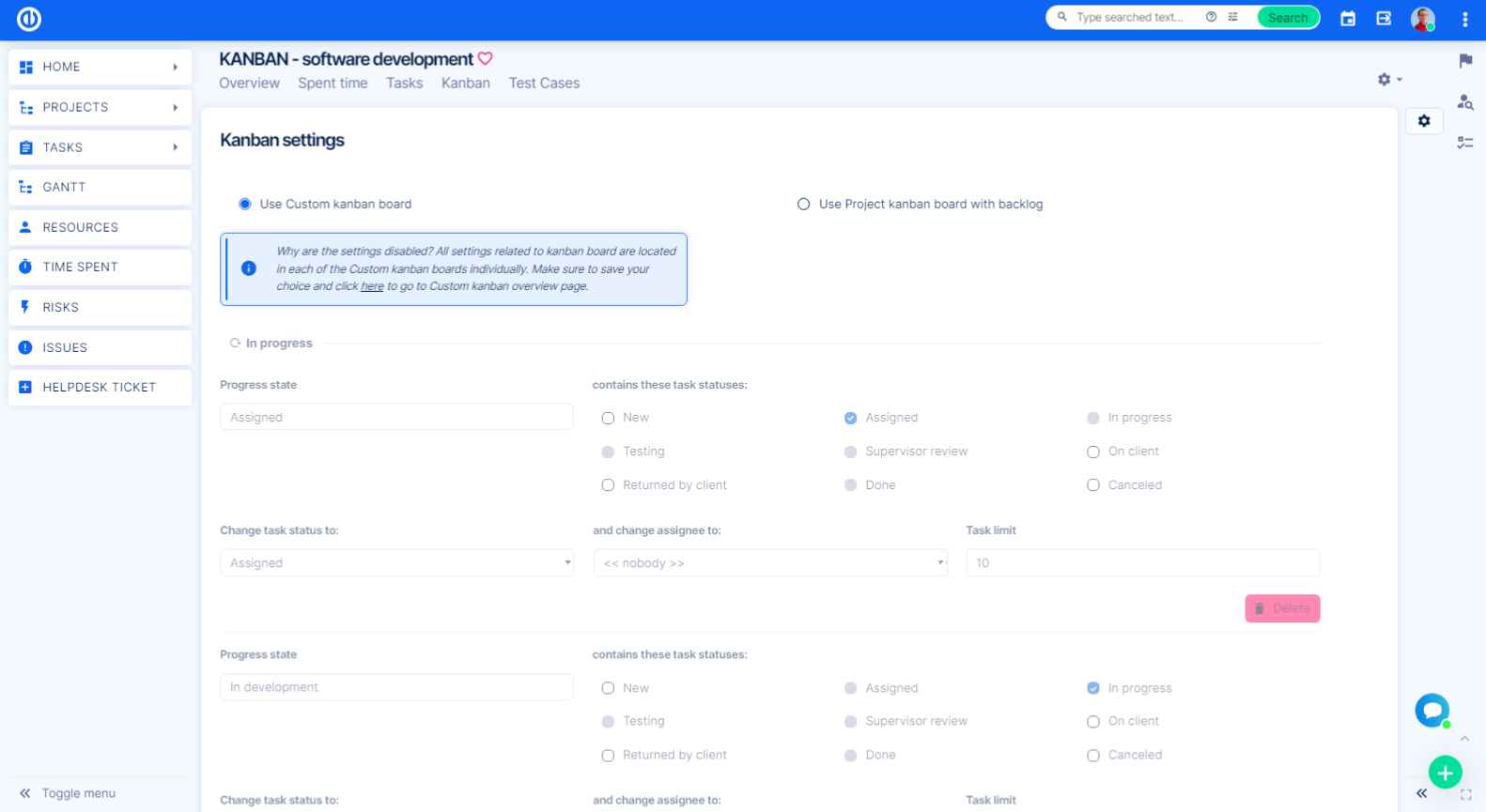 Schermata delle impostazioni multikanban.