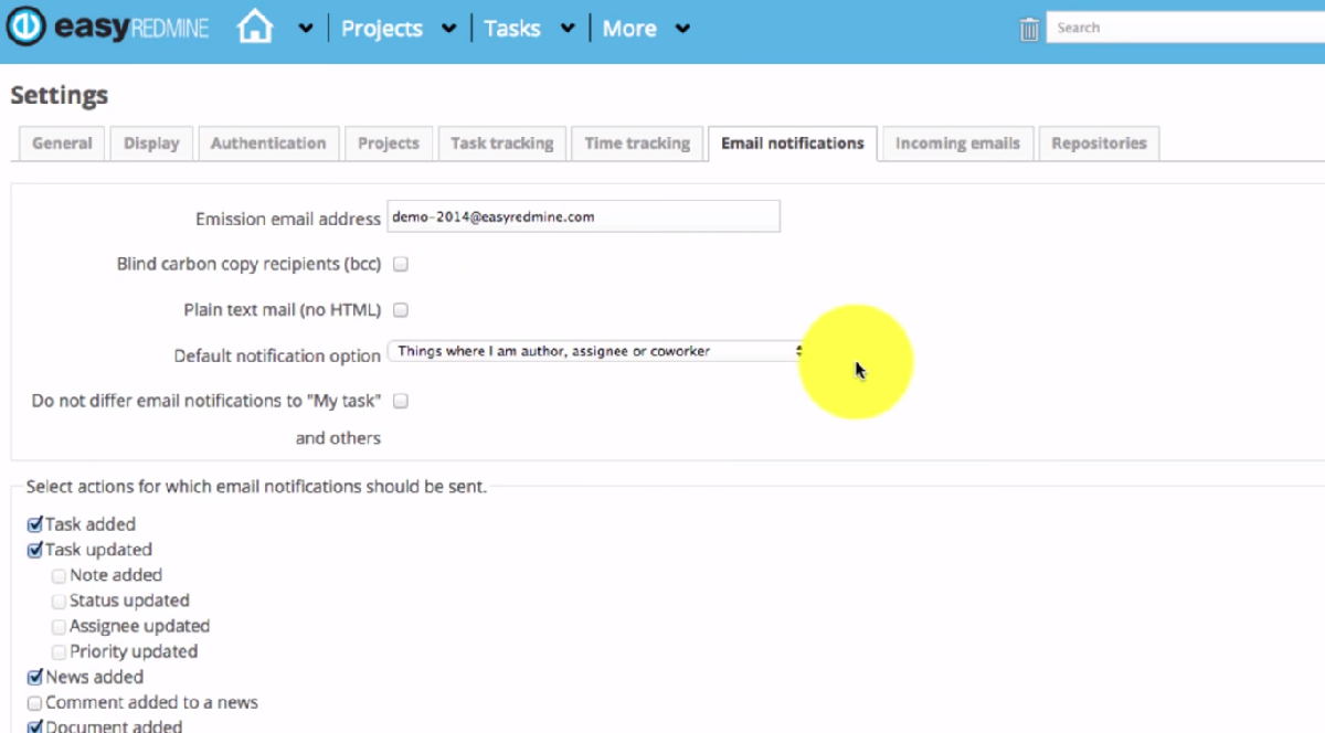 Configuración de las notificaciones por correo electrónico en Easy Redmine Configuración de las notificaciones por correo electrónico en Easy Redmine