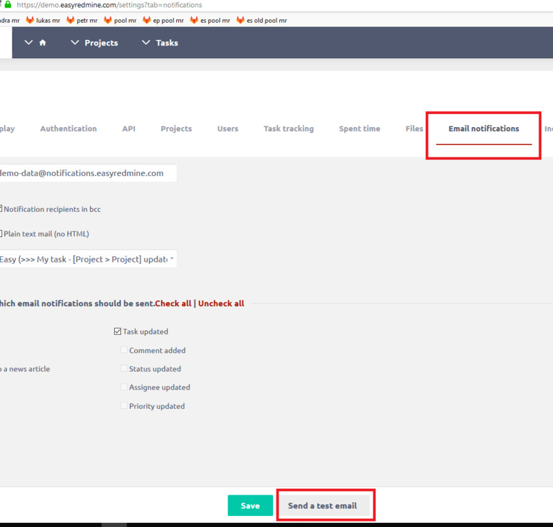 Configuration for email notifications from Easy Redmine Easy Redmine