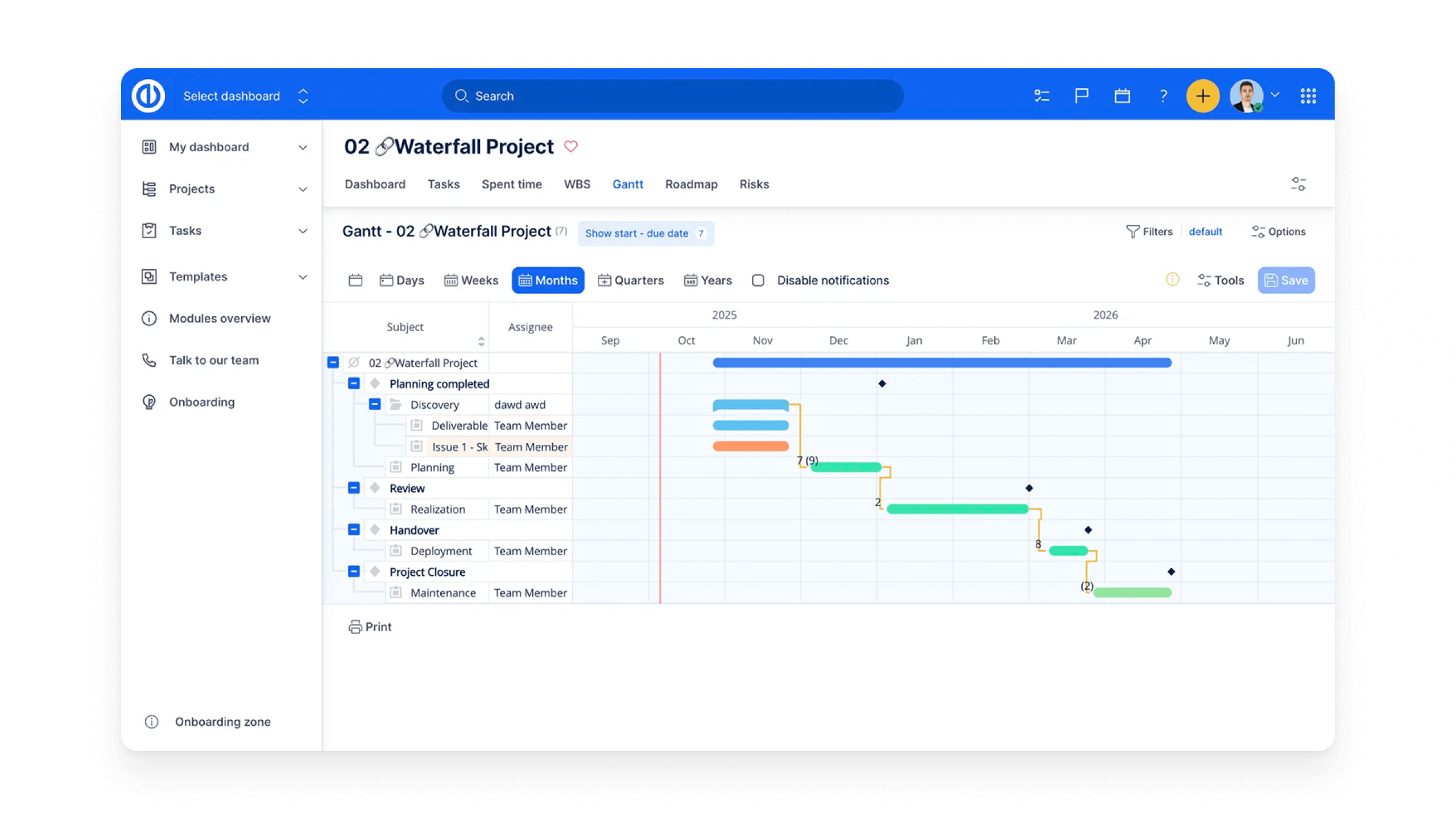 Waterfall Project Gantt Chart in Project Management Software