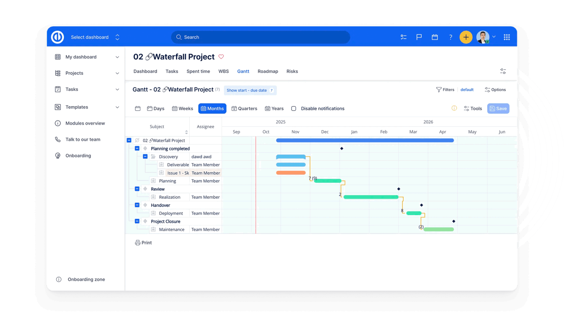Gantt chart showing waterfall project timeline with phases for planning, review, handover, and closure in project management tool. Waterfall Project Gantt Chart in Project Management Software