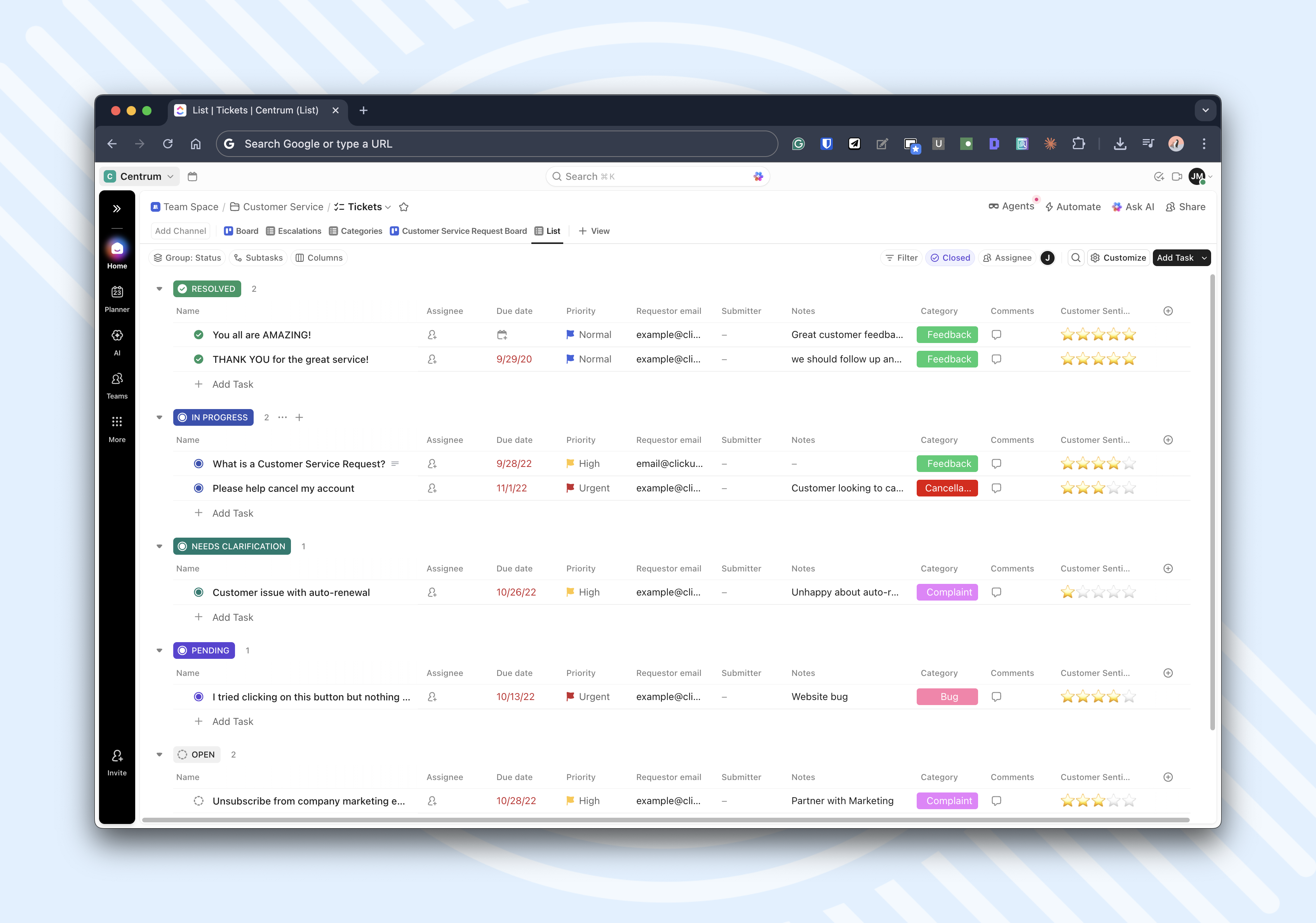 ClickUp tickets interface