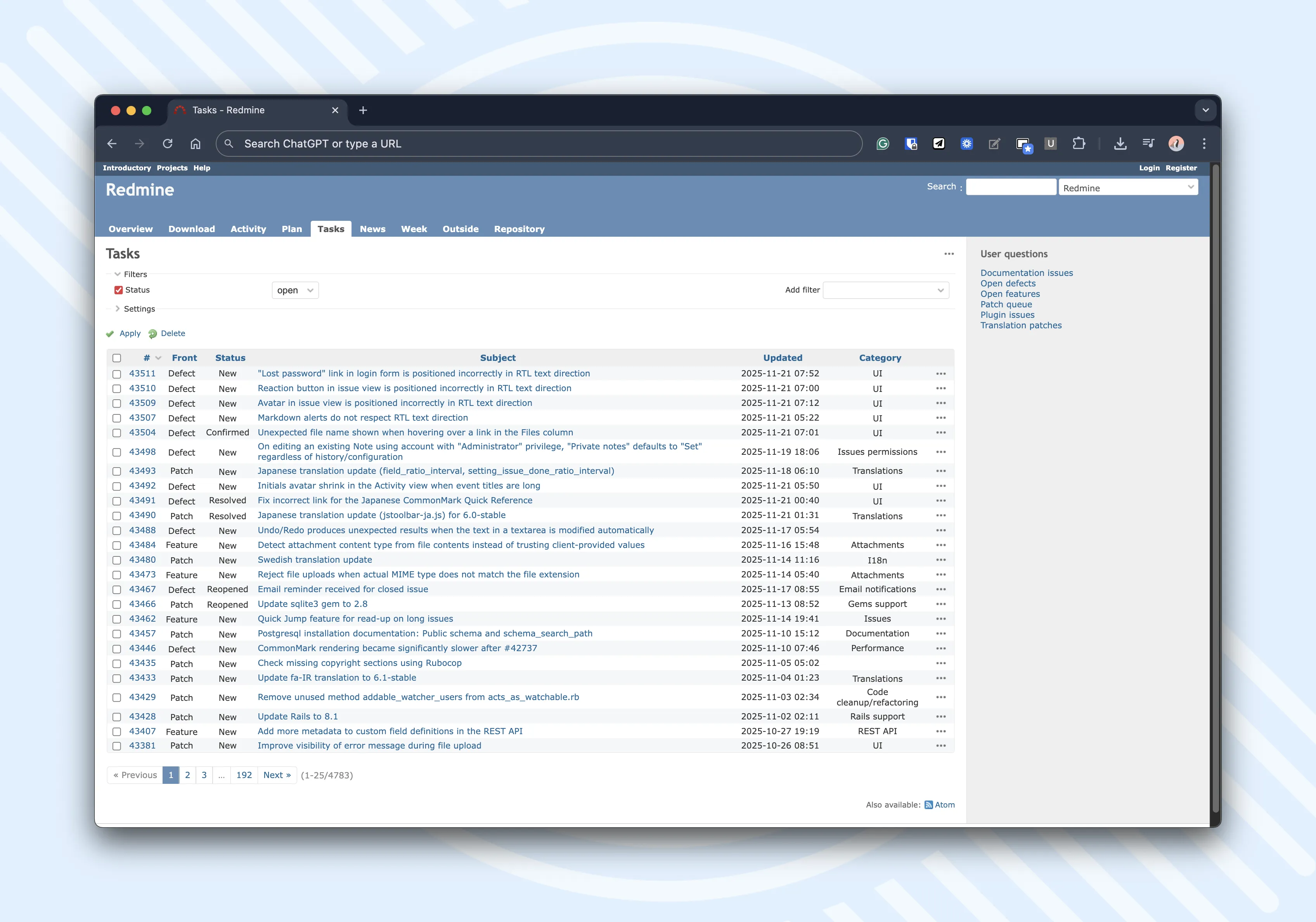 Redmine issue list interface